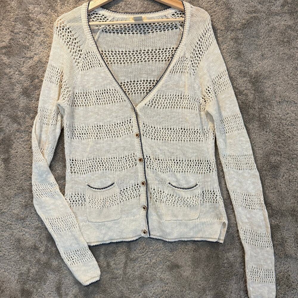 Lucky Brand Carmine Linen Open Knit Crochet Cardigan Sweater Pockets Women's M